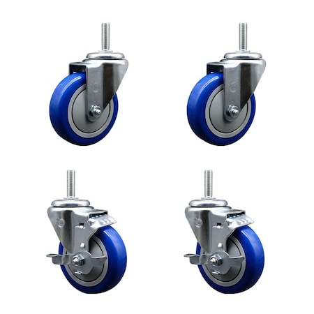 Service Caster 4 Inch Blue Polyurethane Wheel Swivel 58 Inch Threaded Stem Caster Set 2 Brakes SCC SCC-TS20S414-PPUB-BLUE-58212-2-TLB-2